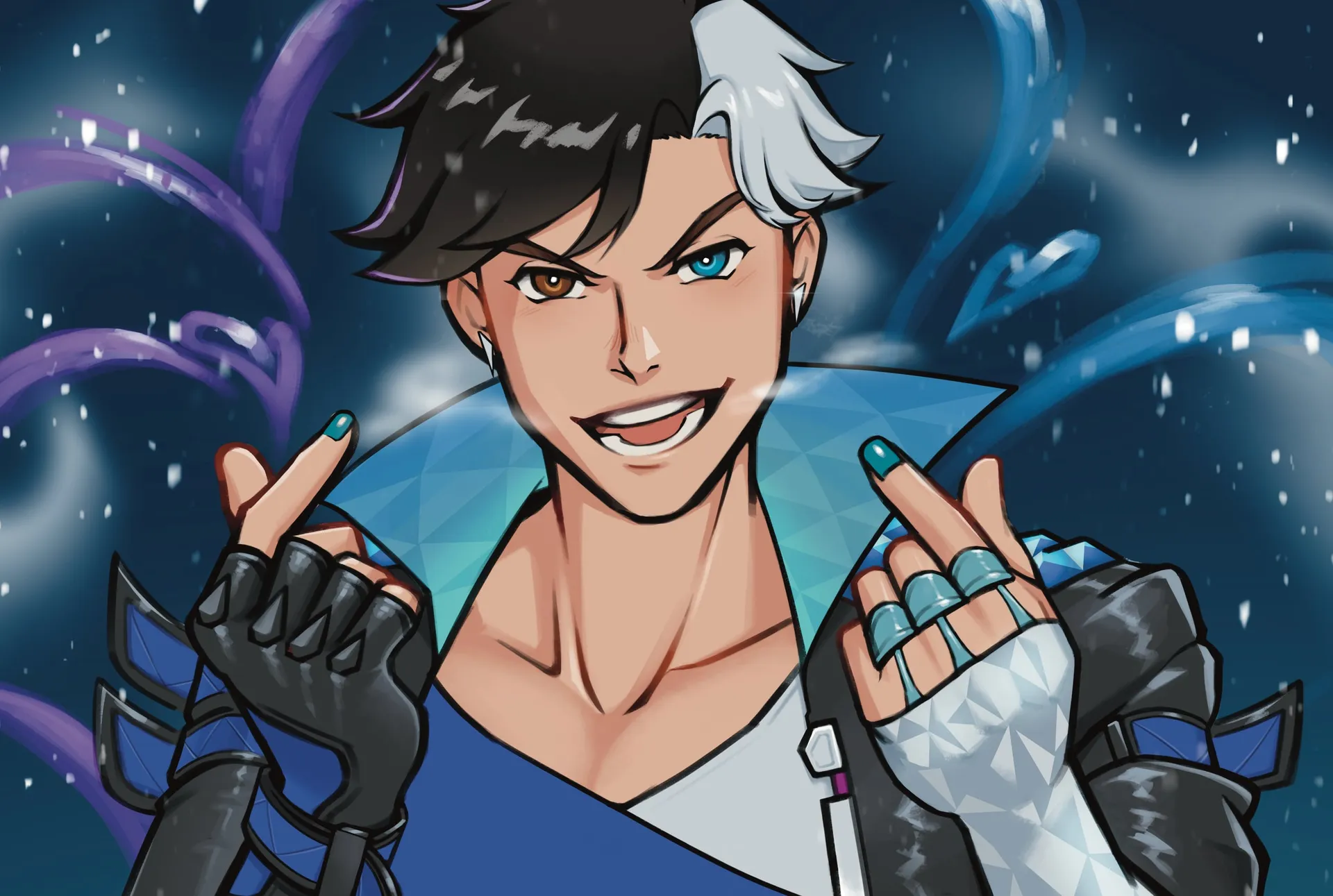 A grinning young man with black and white split hair making finger hearts, snow swirling behind him.
