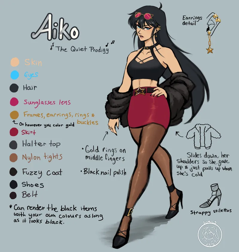 Reference sheet for Aiko, the Quiet Prodigy: a black-haired woman in a halter top, red skirt, nylon tights and a fuzzy coat, with color and detail notes.
