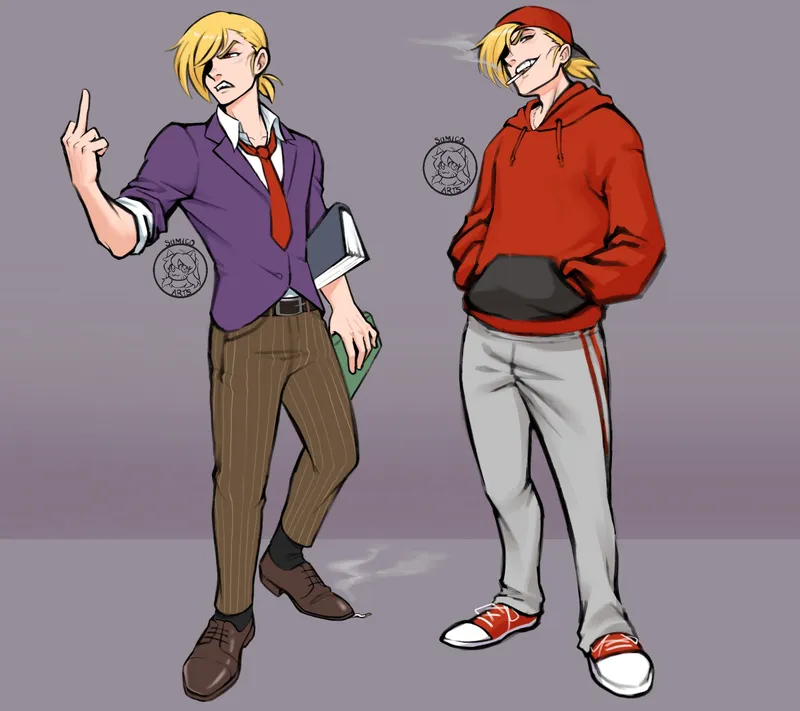 Two blond young men: one in a purple blazer and red tie flipping off the viewer, the other in a red hoodie and cap with his hands in his pockets.