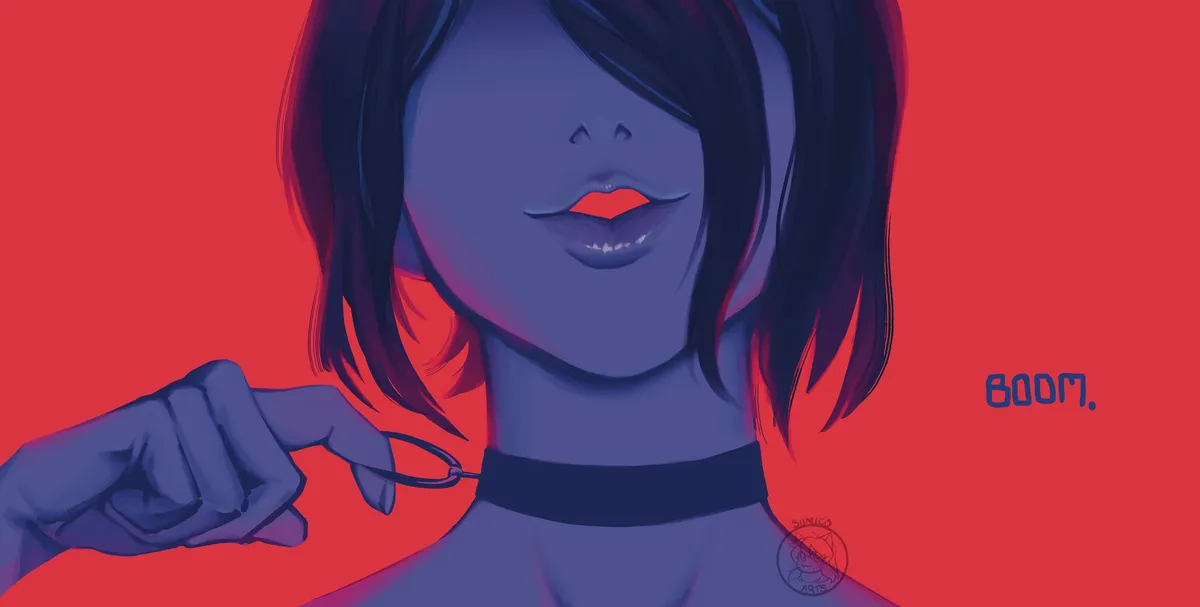 A close crop of a dark-haired figure in blue tones against red, lips parted and a finger hooked in a black choker, with BOOM. lettered beside them.