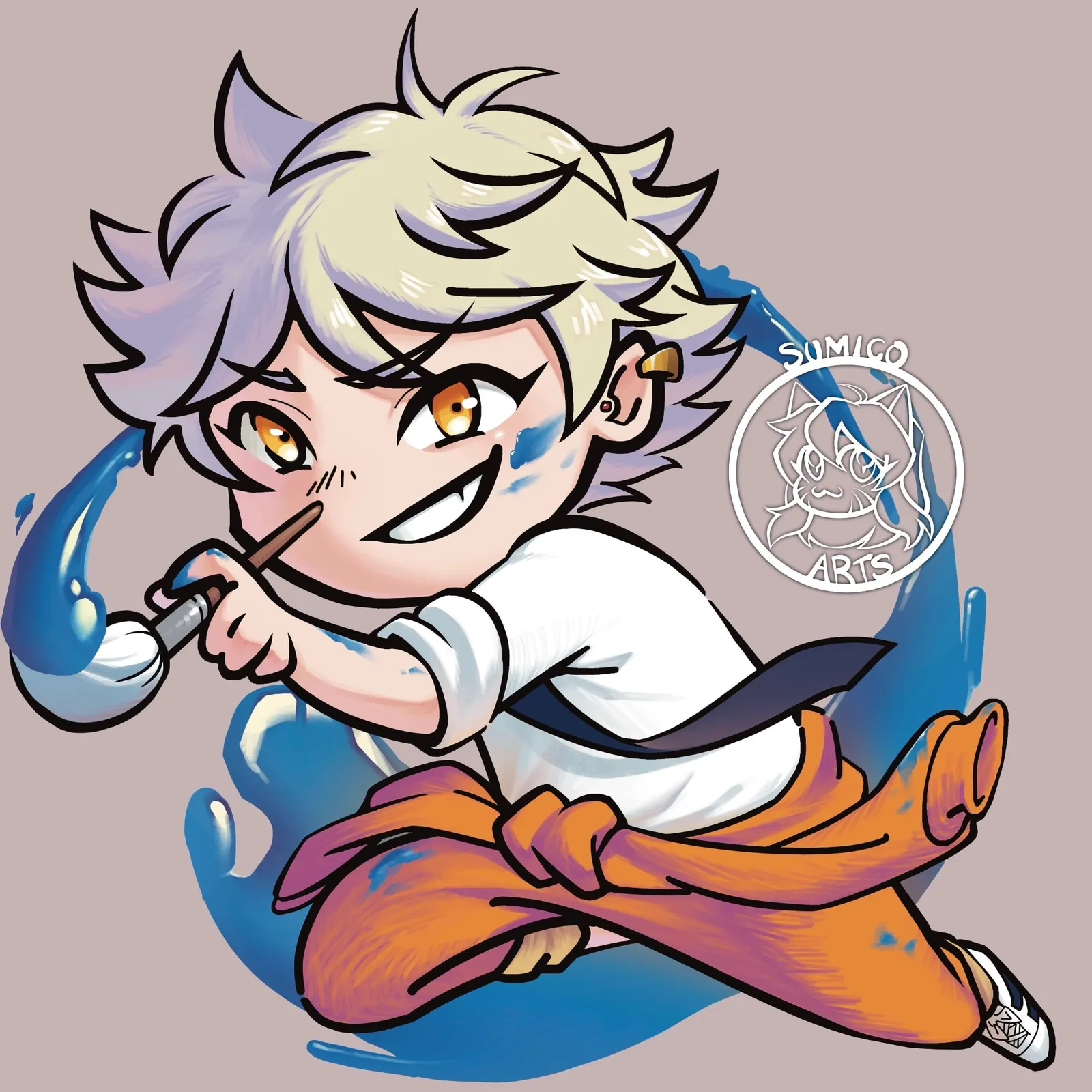 A grinning chibi with fluffy blond hair and an orange jumpsuit tied at the waist, swinging a giant paintbrush trailing blue paint.