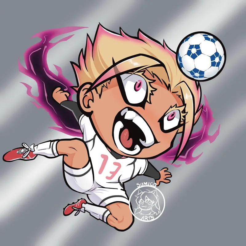Chibi Shidou Ryusei from Blue Lock in a white number 13 jersey, heading a soccer ball with a purple aura behind him.