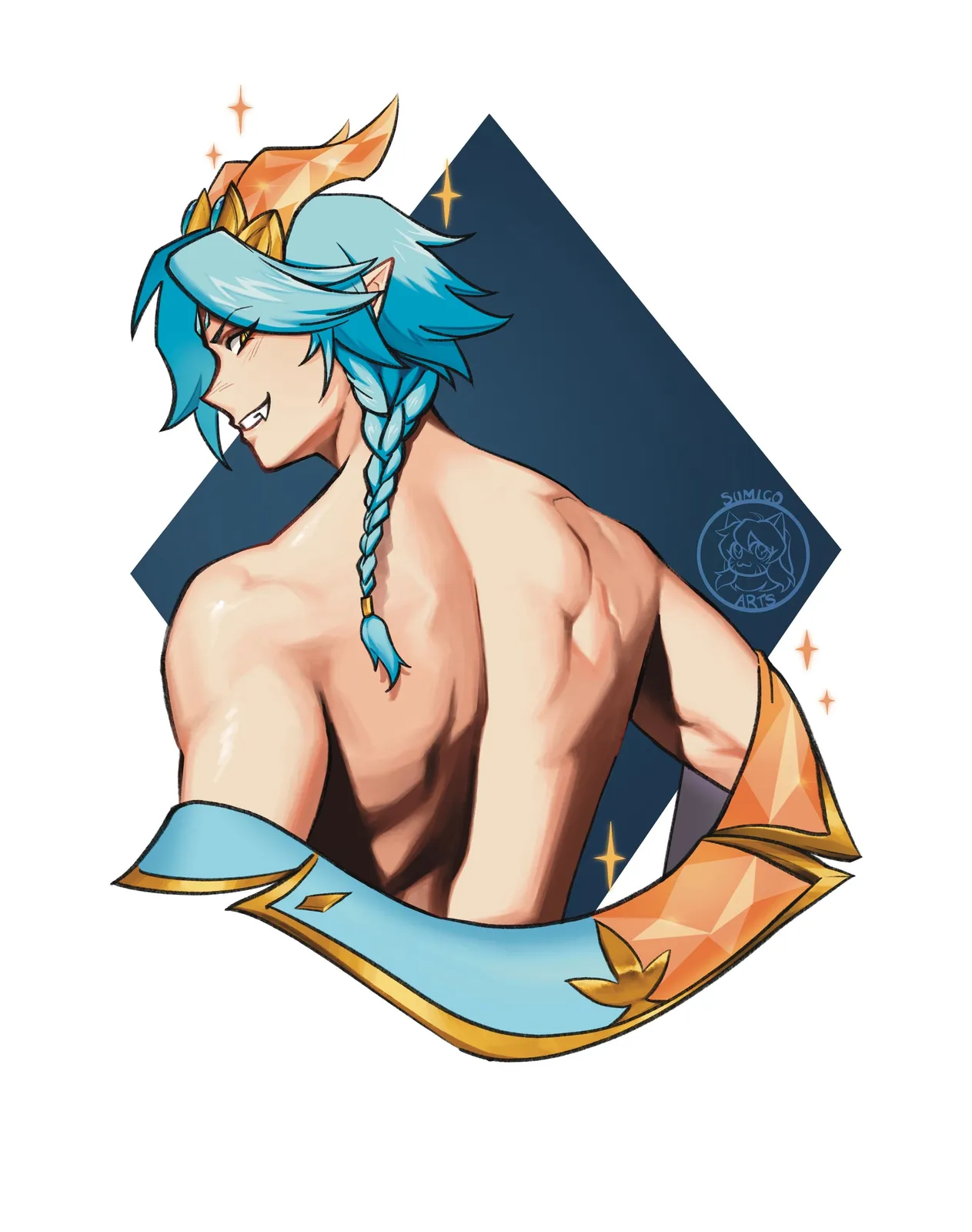A blue-haired elf with a long braid and a golden crown, seen bare-shouldered from behind, framed by a gold and blue ribbon.