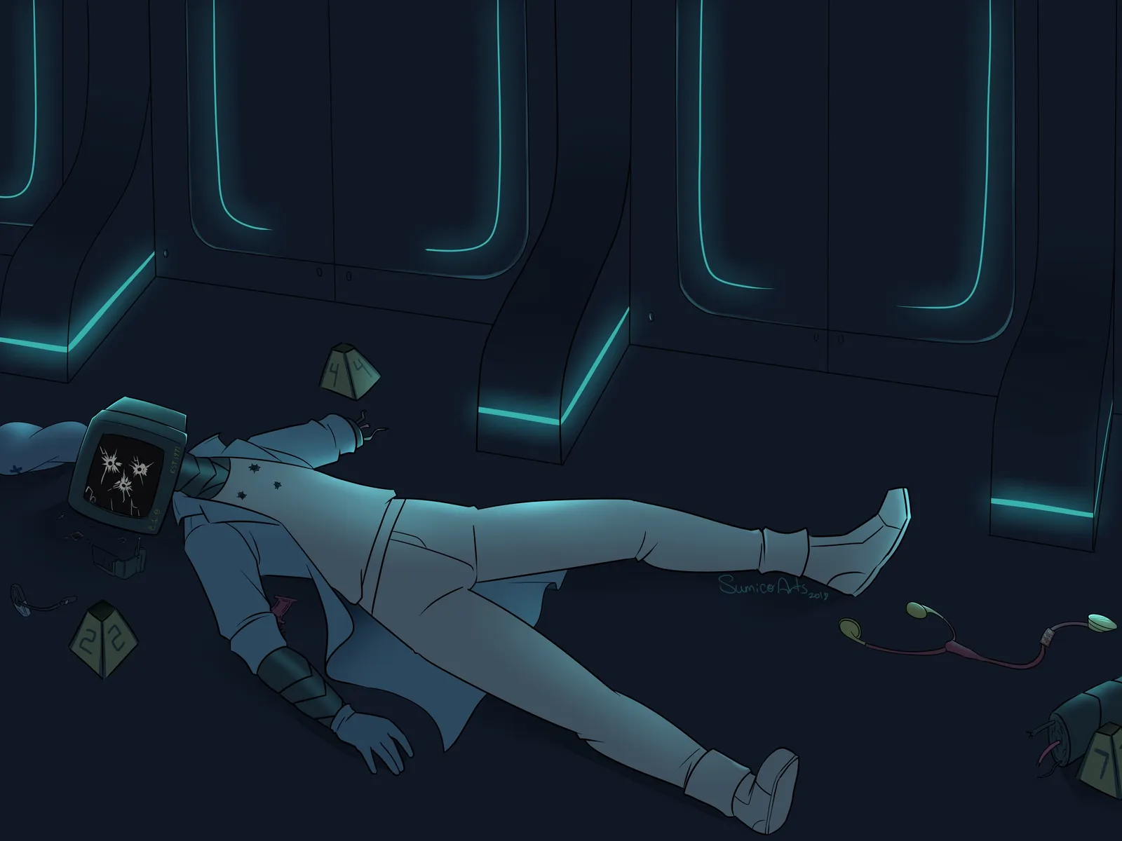 A figure in a white coat with a boxy screen for a head lying on the floor of a dark sci-fi corridor lit by teal lights.