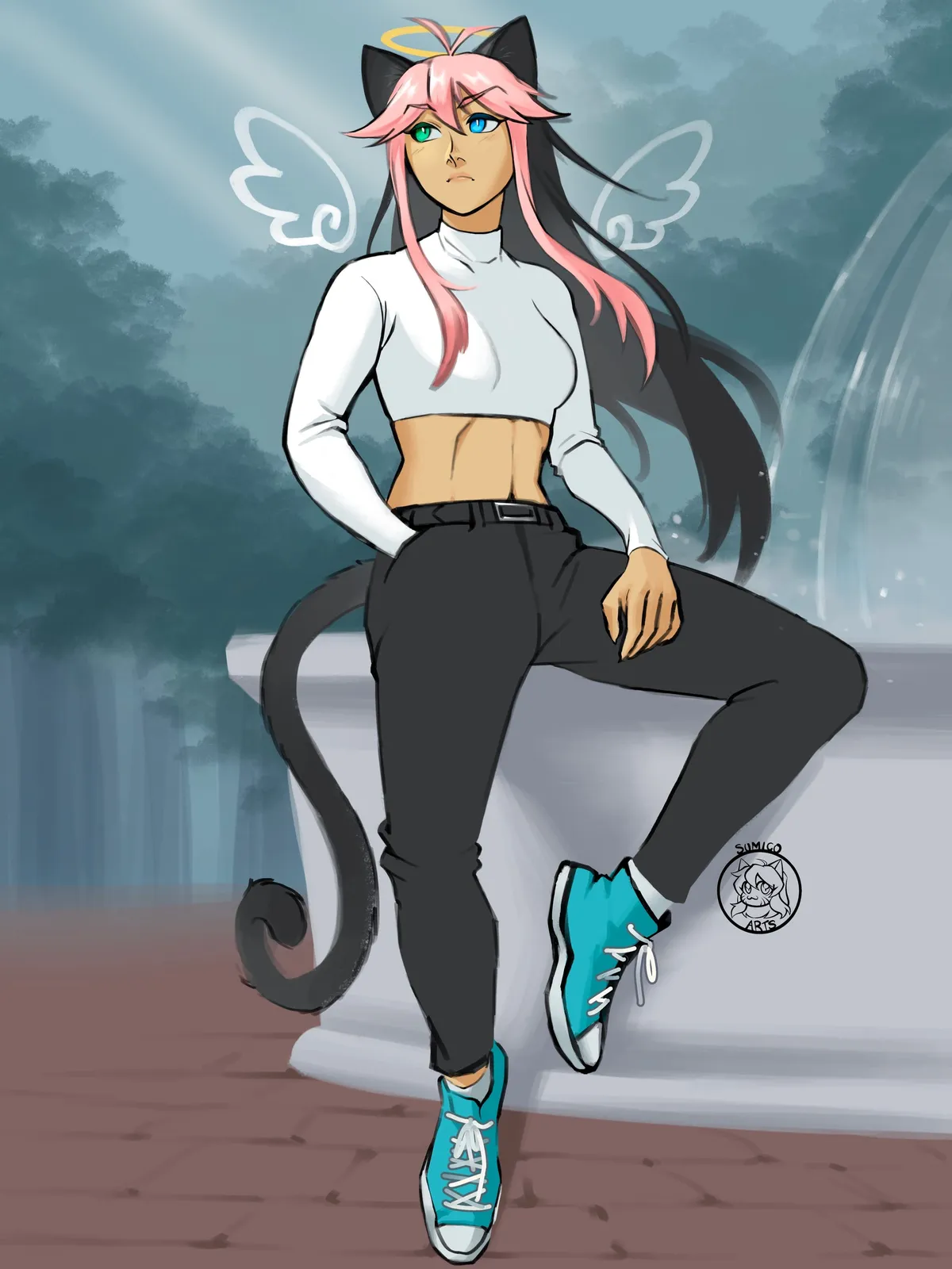 A pink-haired cat girl with a halo and little wings, in a white crop top, black pants and teal sneakers, perched on a stone fountain.