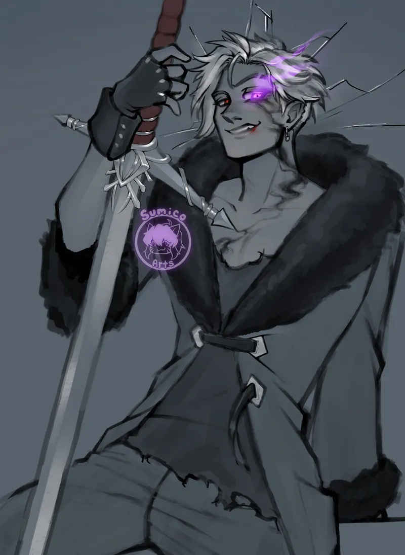 A grey-skinned man with white hair and one glowing purple eye, in a fur-trimmed coat, leaning on a sword.