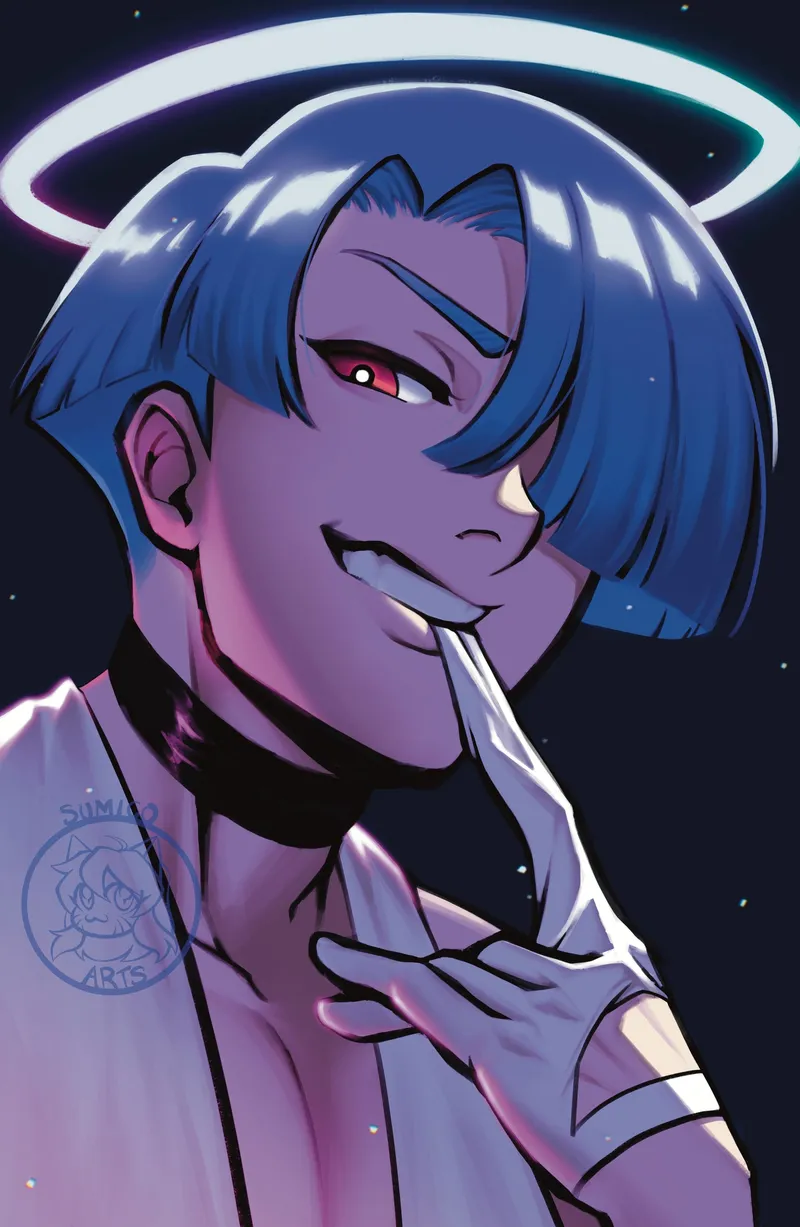 A blue-haired figure with a halo and a red eye smirking, a gloved finger at their lips, under starry purple light.