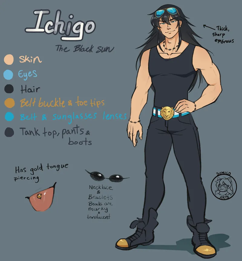 Reference sheet for Ichigo, the Black Sun: a tall long-haired man in a black tank top and jeans with a gold belt buckle and sunglasses on his head.
