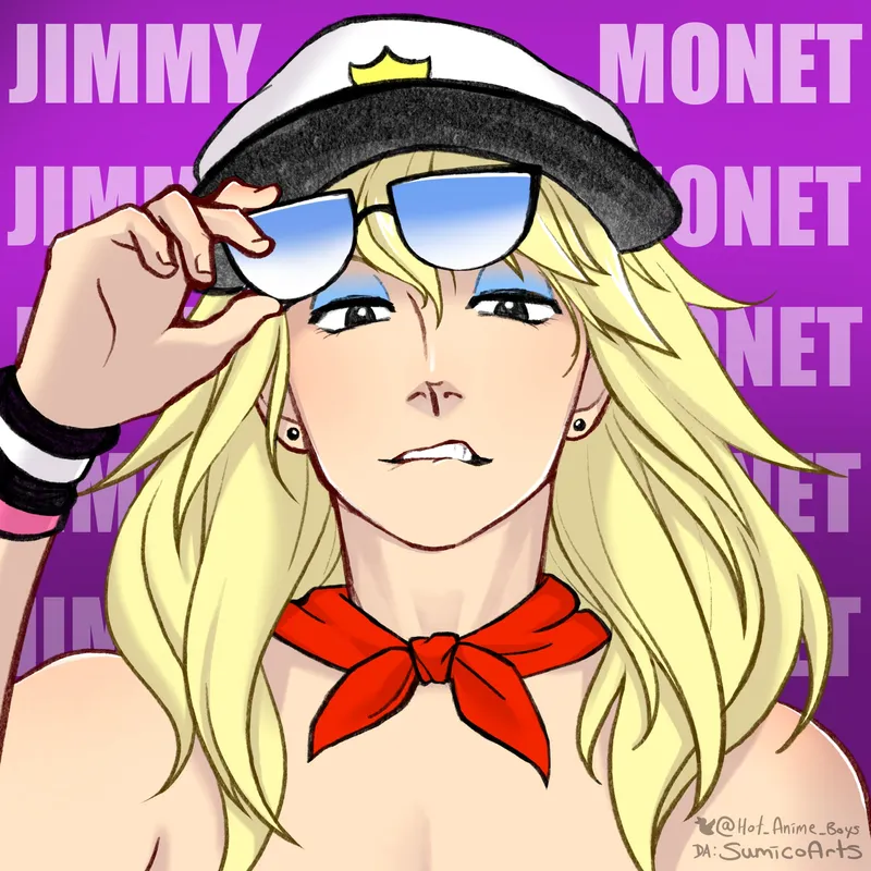 A blond man in a white captain's hat lowering his sunglasses, a red neckerchief at his throat, in front of JIMMY MONET lettered on purple.