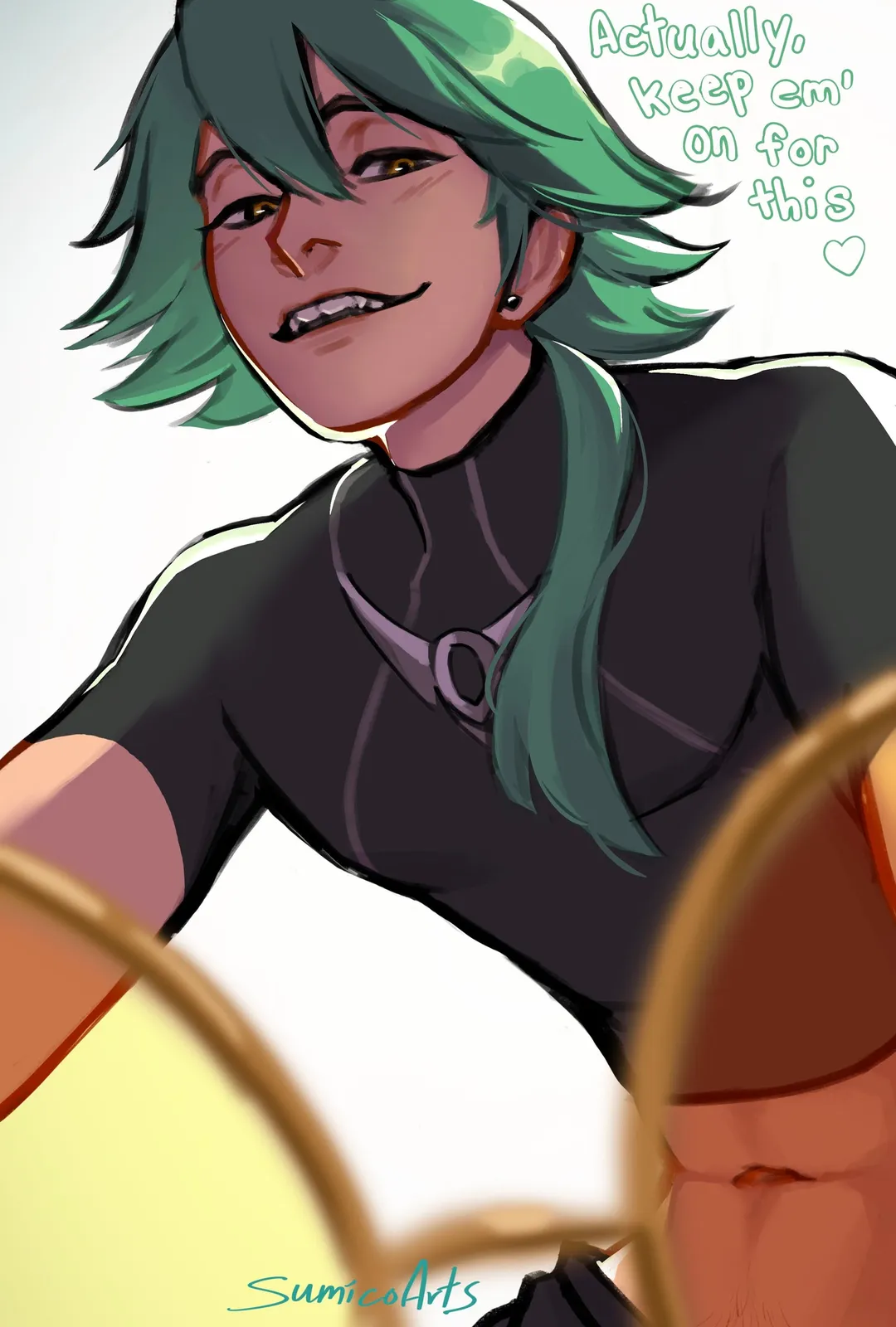 A green-haired person in a black wetsuit grinning down at the viewer, lettered: Actually, keep 'em on for this.
