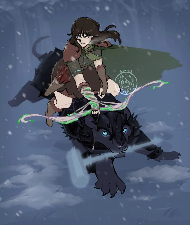 A brown-haired archer in a green cloak riding a black panther through the snow, drawing a bow strung with green light.