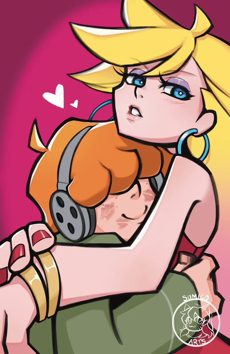 Panty from Panty & Stocking with Garterbelt hugging Brief against a hot pink background, a heart floating above them.
