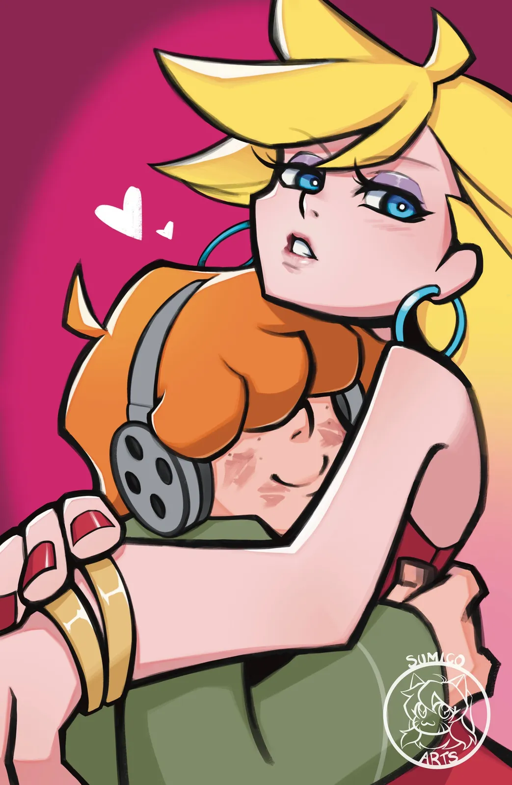 Panty from Panty & Stocking with Garterbelt hugging Brief against a hot pink background, a heart floating above them.