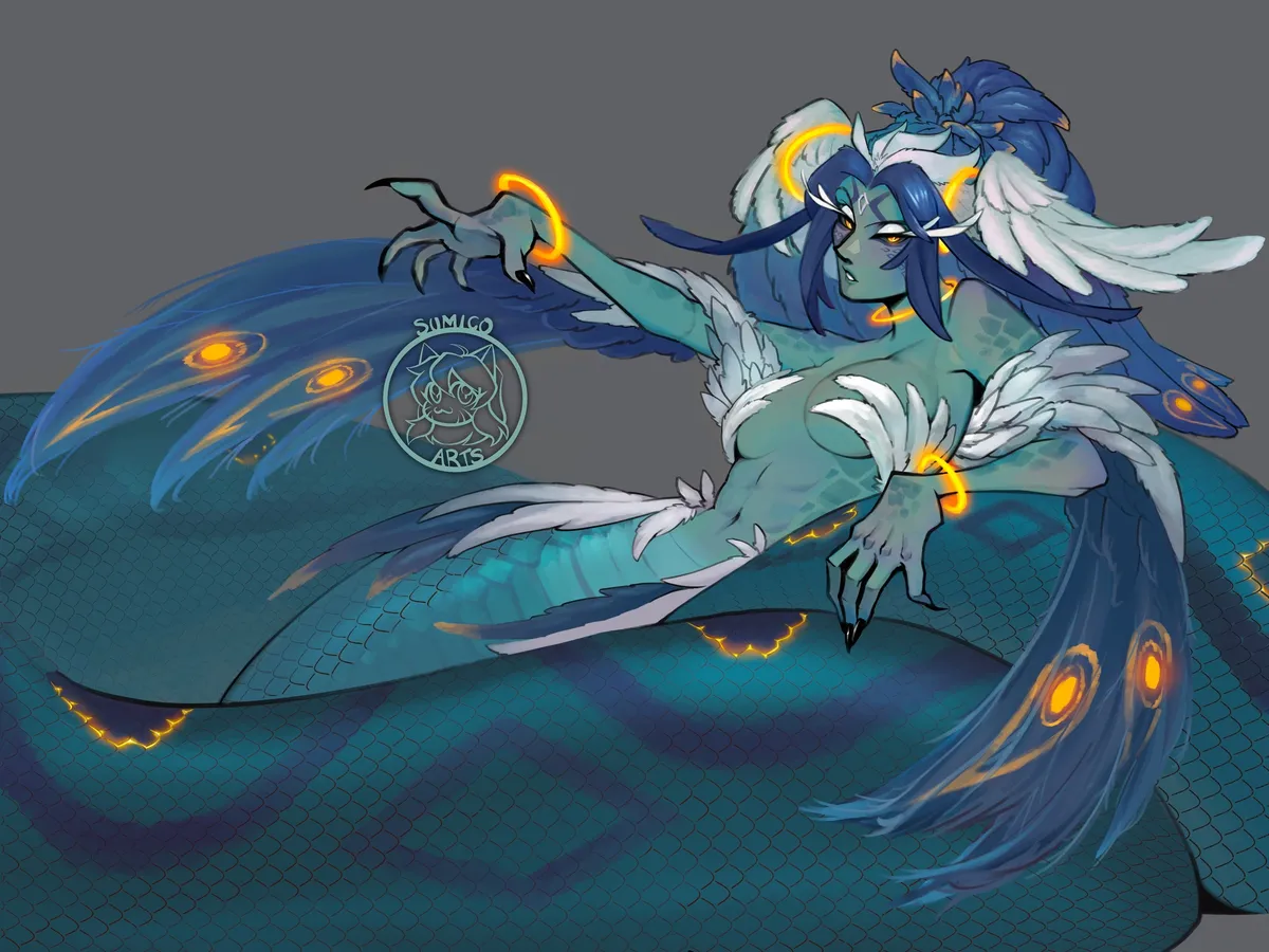 A blue-skinned naga with a coiled teal serpent tail, peacock feathers and gold bangles, reaching out with clawed hands.