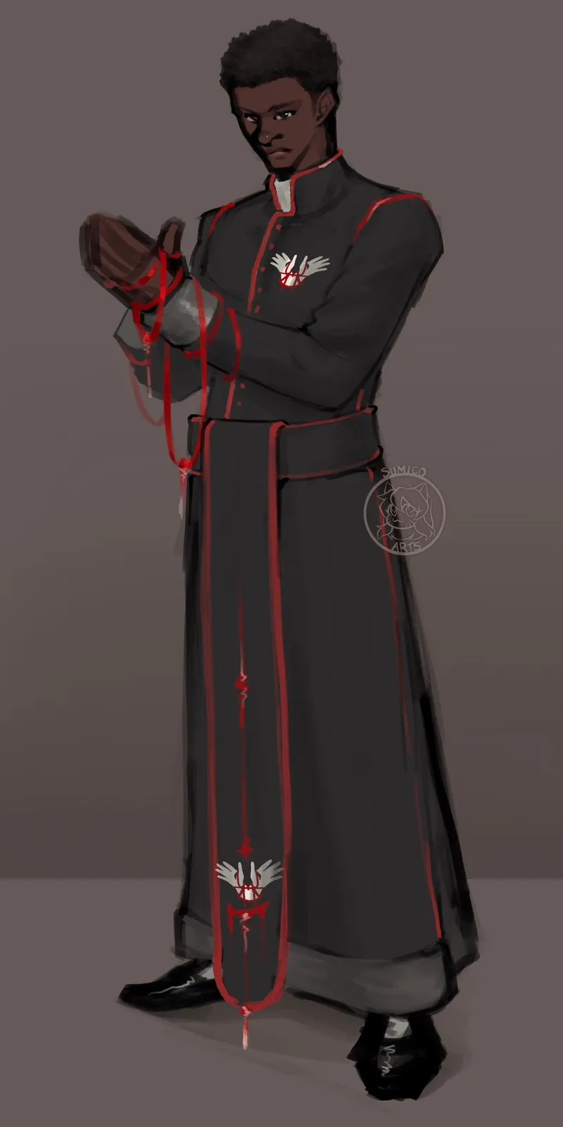 A Black priest in a long black cassock with red trim, red cord wound around his hands.