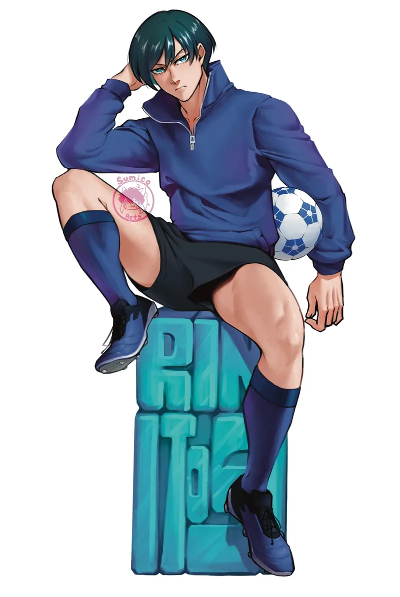 Rin Itoshi from Blue Lock sitting on a teal block lettered with his name, a soccer ball tucked under one arm, in a navy track jacket.