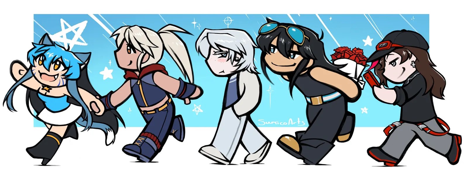 Chibi versions of Sumico's original characters running in a line across a blue sky.