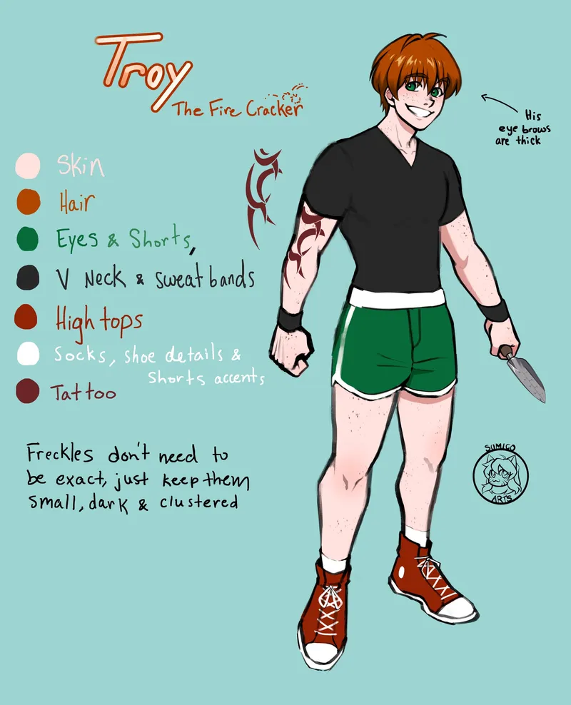 Reference sheet for Troy, the Fire Cracker: a freckled red-haired young man in a black V-neck, green shorts and red high-tops, holding a knife.
