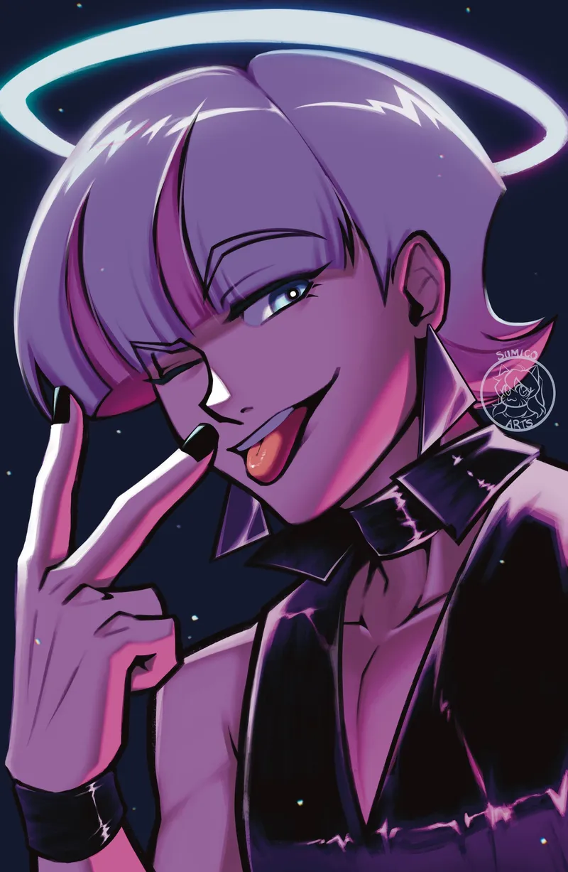 A purple-haired figure with a halo winking and sticking out their tongue, flashing a peace sign under starry purple light.